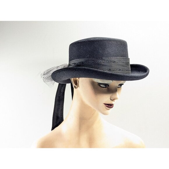 Vintage Women's Riding Top Hat, Black wool Italian Regency hat for women, - Picture 3 of 10